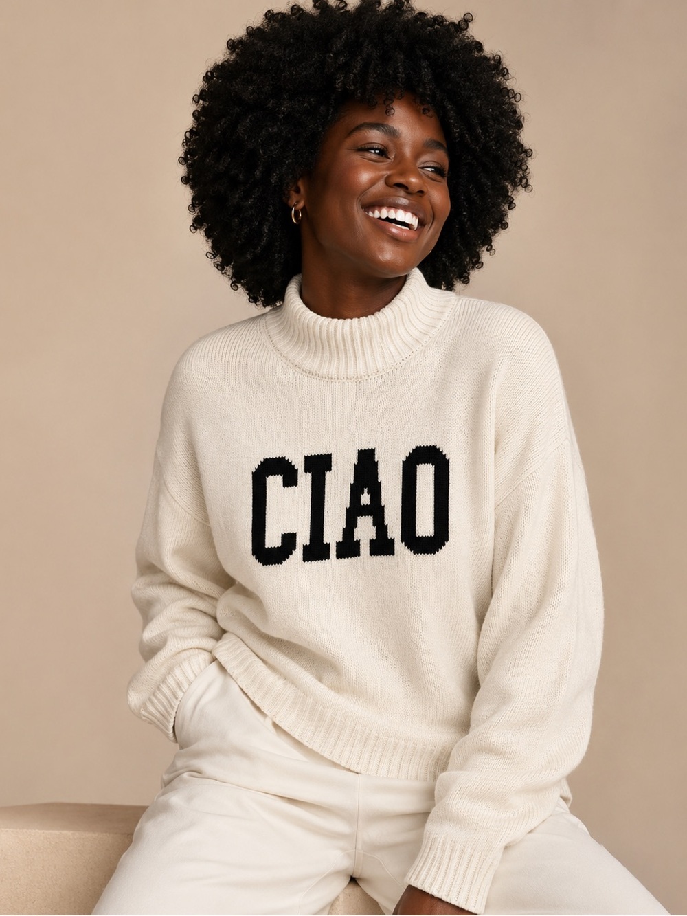 Z Supply Cream Turtleneck Sweater with Black 'CIAO' Lettering Size L